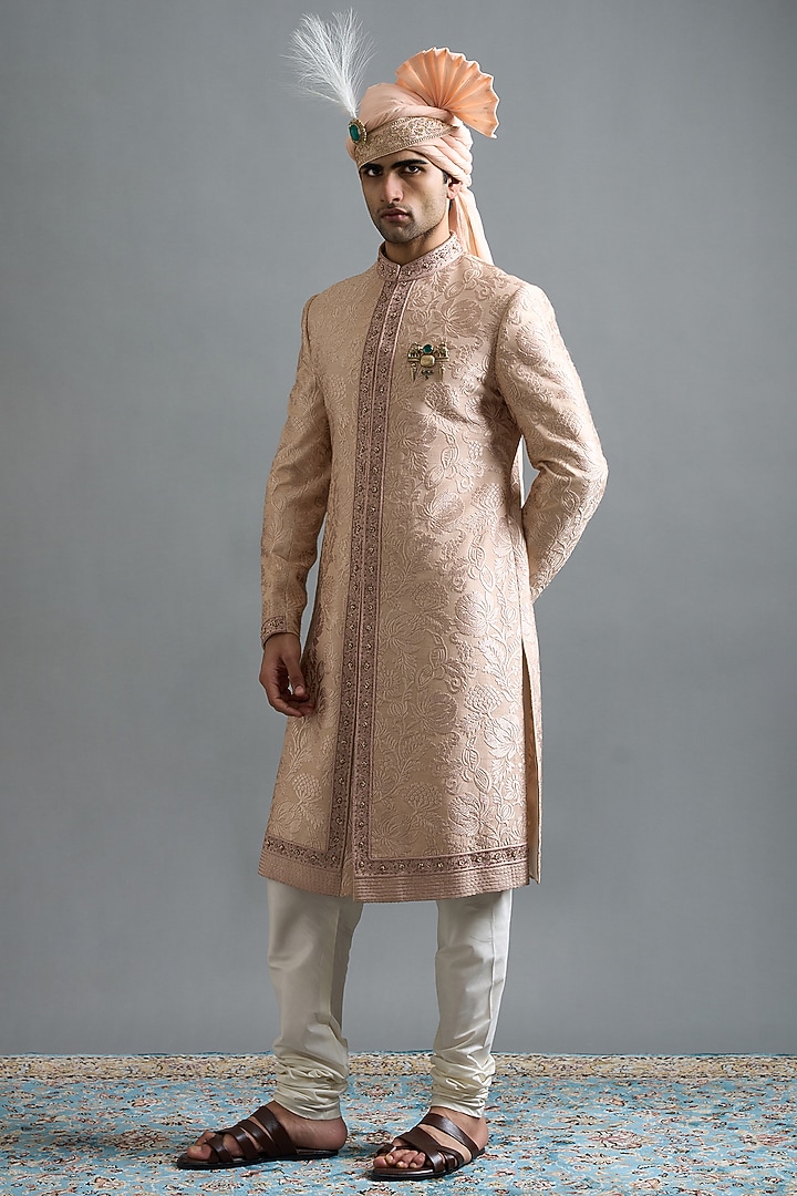 Rose Peach Cotton Silk Embroidered Wedding Sherwani Set by Gargee Designers at Pernia's Pop Up Shop