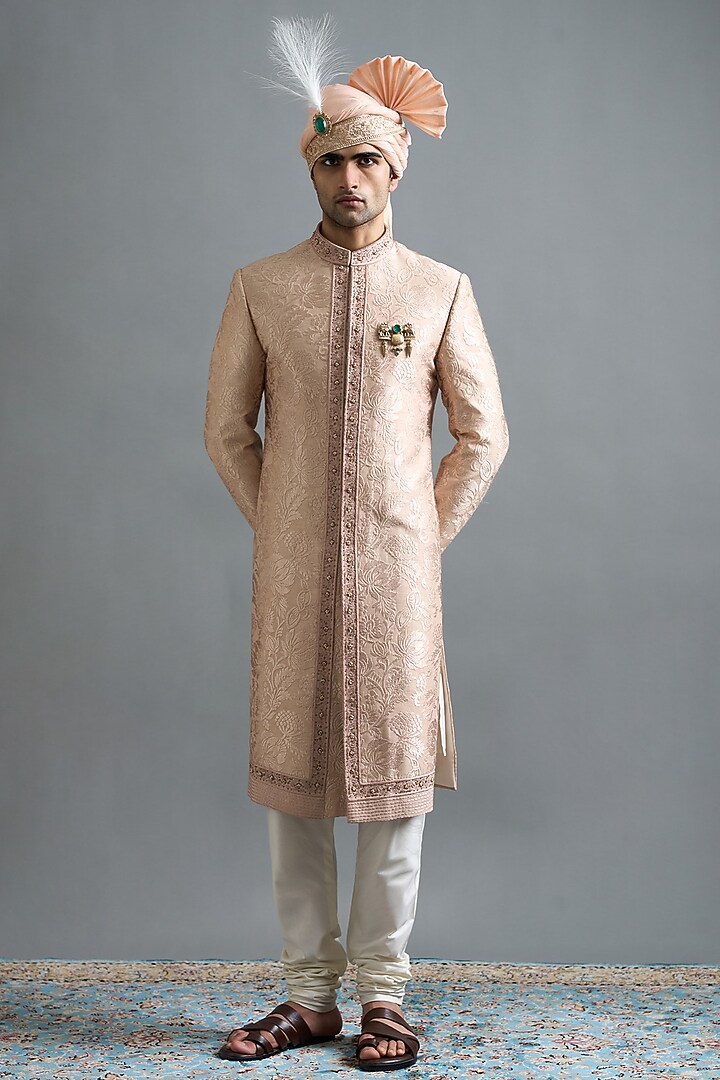 Rose Peach Cotton Silk Embroidered Wedding Sherwani Set by Gargee Designers at Pernia's Pop Up Shop