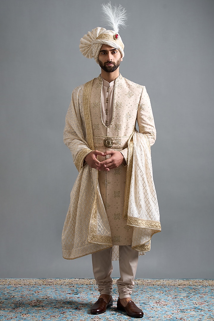 Ivory-Beige Cotton Silk Thread Embroidered Groom Sherwani Set by Gargee Designers at Pernia's Pop Up Shop