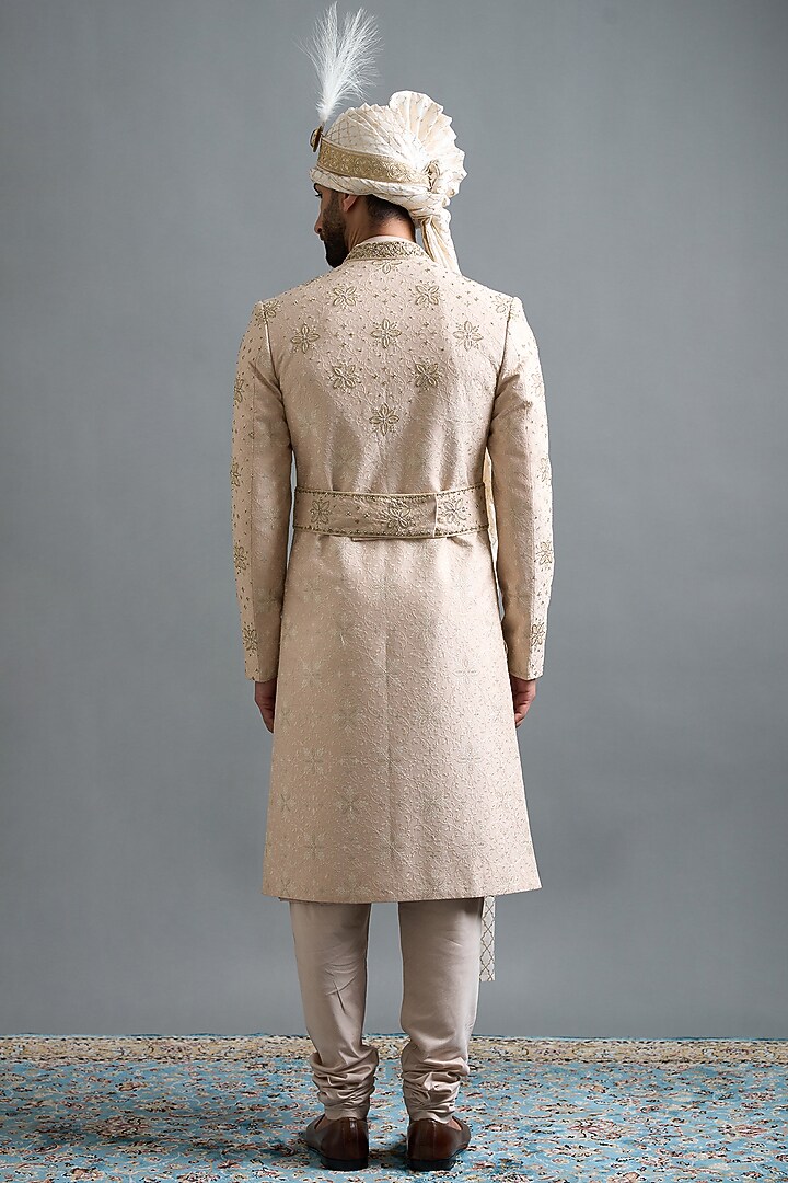 Ivory-Beige Cotton Silk Thread Embroidered Groom Sherwani Set by Gargee Designers at Pernia's Pop Up Shop