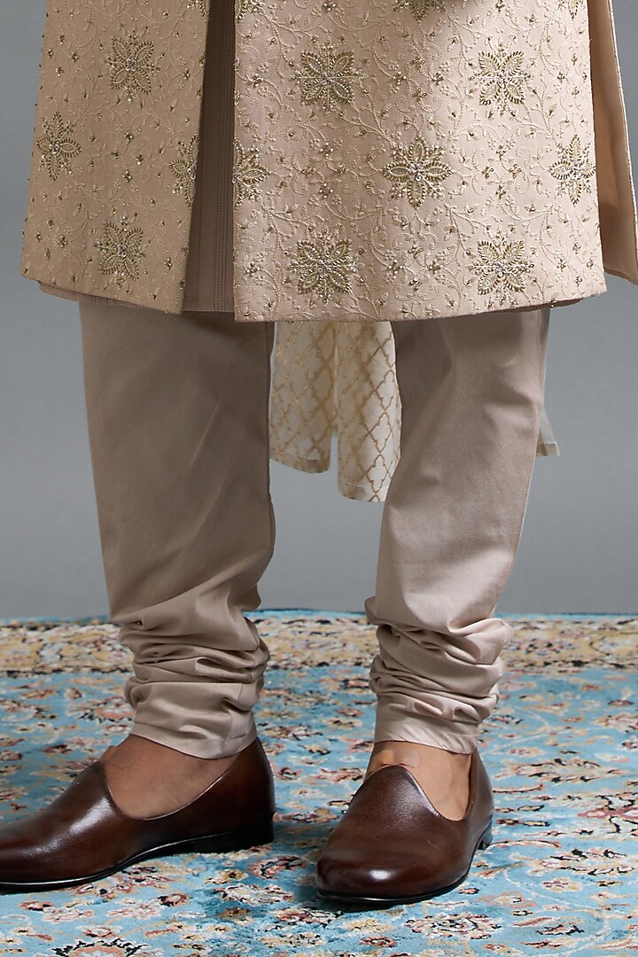 Ivory-Beige Cotton Silk Thread Embroidered Groom Sherwani Set by Gargee Designers at Pernia's Pop Up Shop