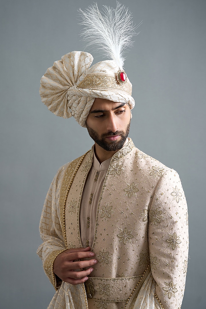 Ivory-Beige Cotton Silk Thread Embroidered Groom Sherwani Set by Gargee Designers at Pernia's Pop Up Shop