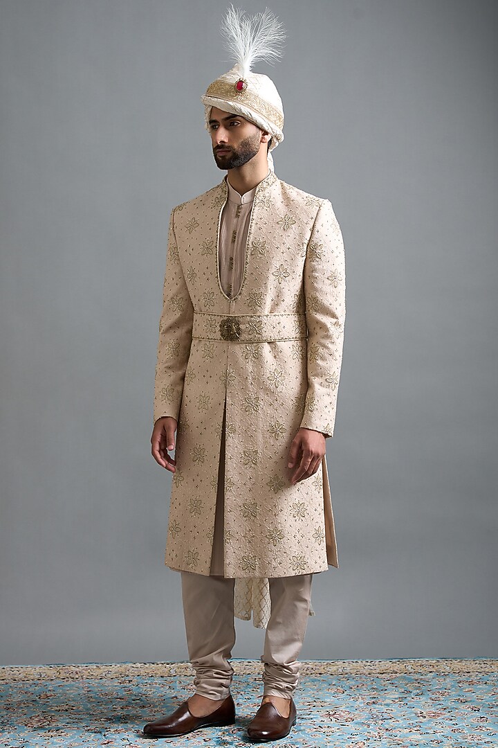 Ivory-Beige Cotton Silk Thread Embroidered Groom Sherwani Set by Gargee Designers at Pernia's Pop Up Shop