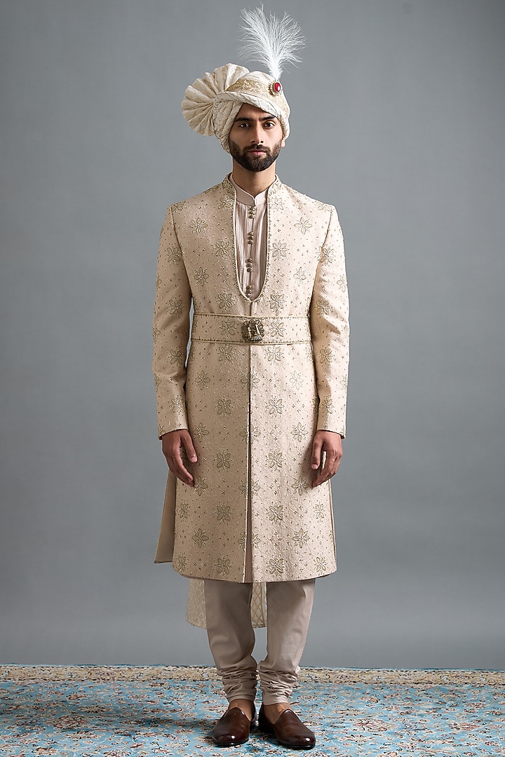 Ivory-Beige Cotton Silk Thread Embroidered Groom Sherwani Set by Gargee Designers at Pernia's Pop Up Shop