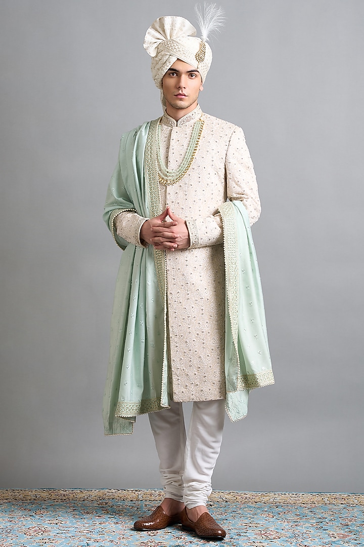 Ivory Chanderi Thread Work Groom Sherwani Set by Gargee Designers at Pernia's Pop Up Shop