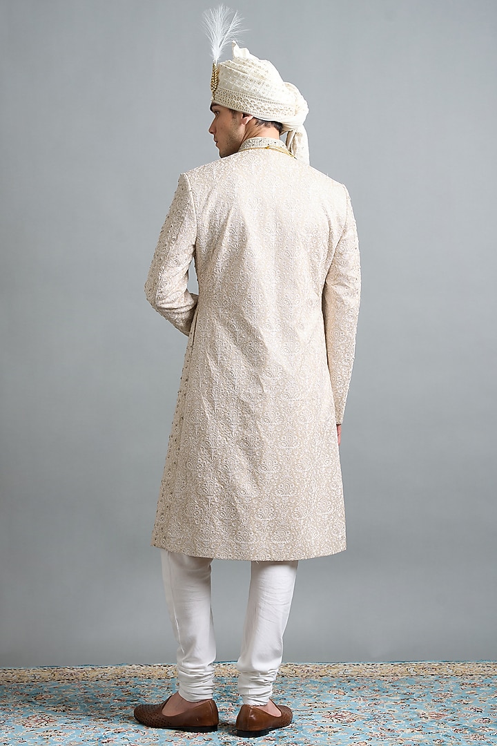 Ivory Chanderi Thread Work Groom Sherwani Set by Gargee Designers at Pernia's Pop Up Shop