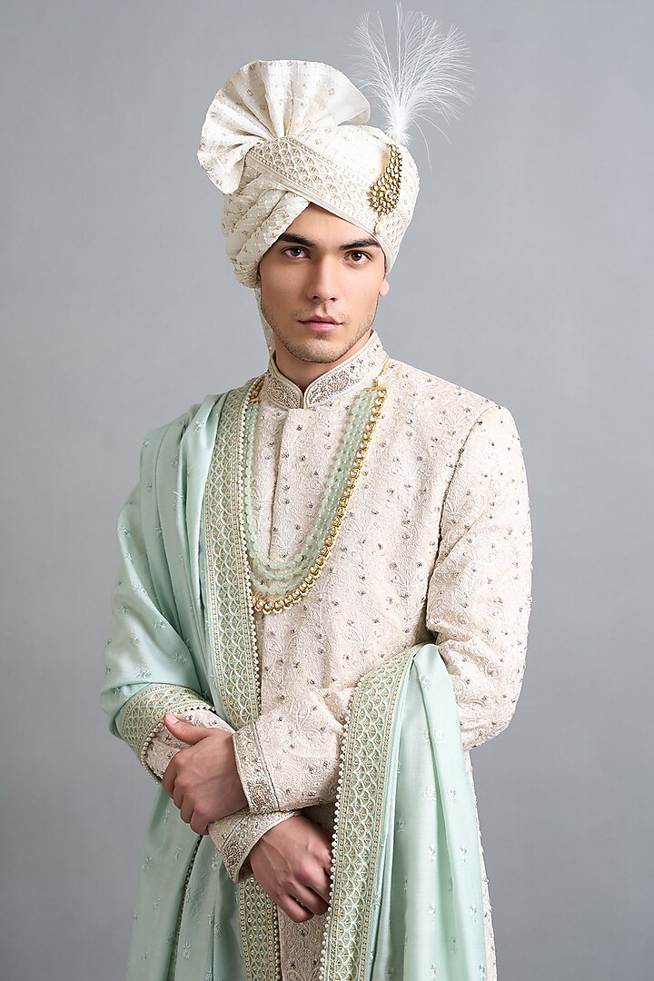 Ivory Chanderi Thread Work Groom Sherwani Set by Gargee Designers at Pernia's Pop Up Shop