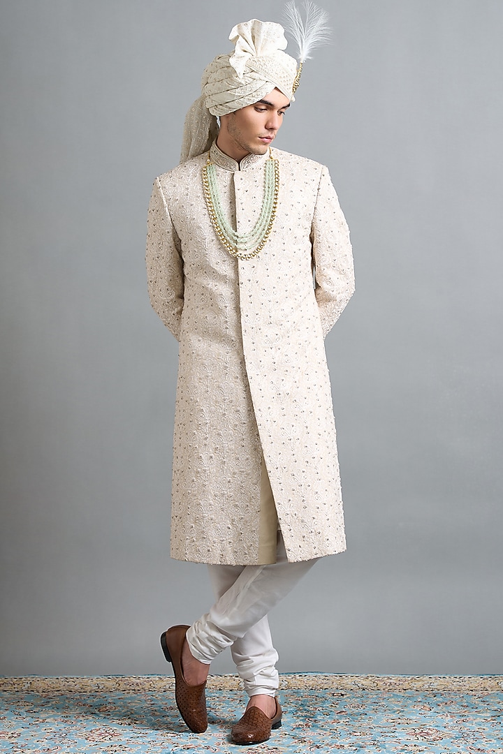 Ivory Chanderi Thread Work Groom Sherwani Set by Gargee Designers at Pernia's Pop Up Shop