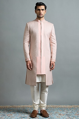 Blush Pink Jacquard Sherwani Set by Gargee Designers