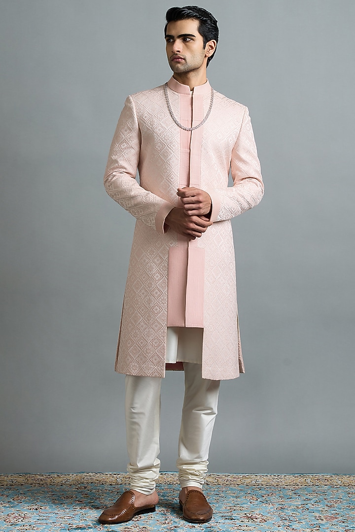 Blush Pink Jacquard Wedding Sherwani Set by Gargee Designers at Pernia's Pop Up Shop