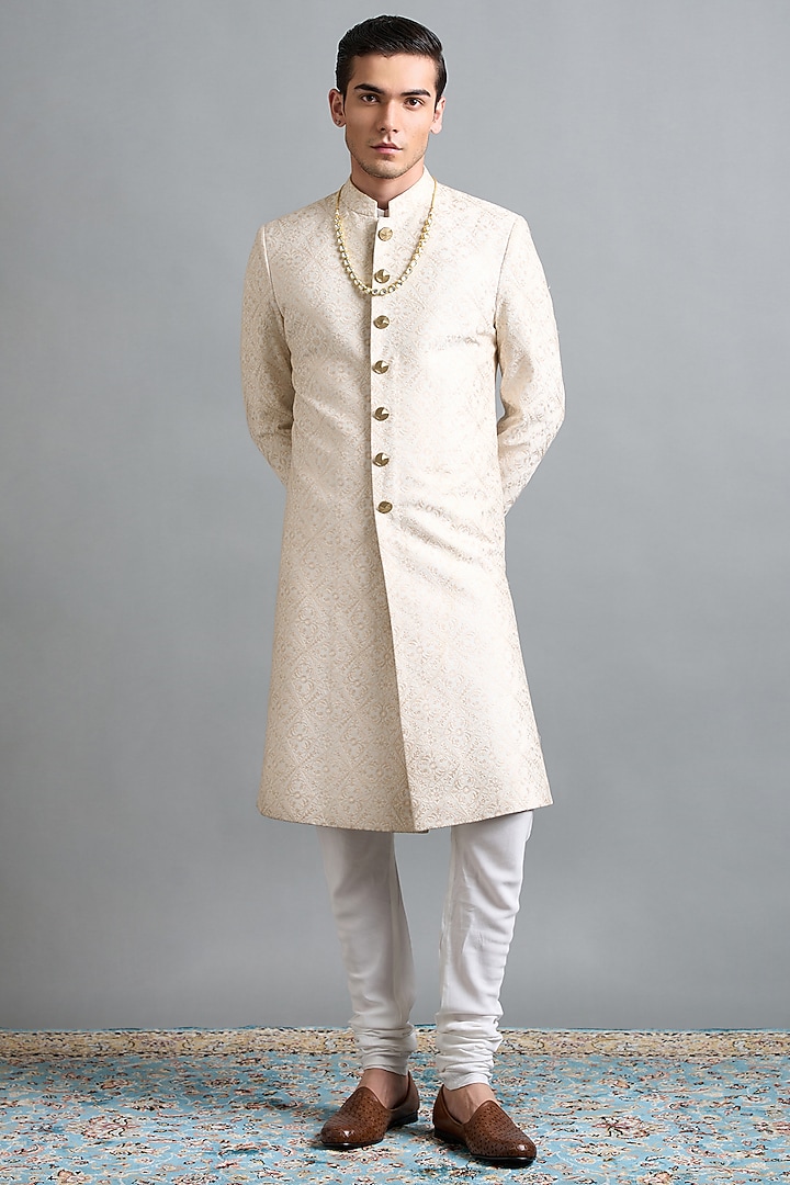 Ivory Chanderi Thread Work Wedding Sherwani Set by Gargee Designers at Pernia's Pop Up Shop