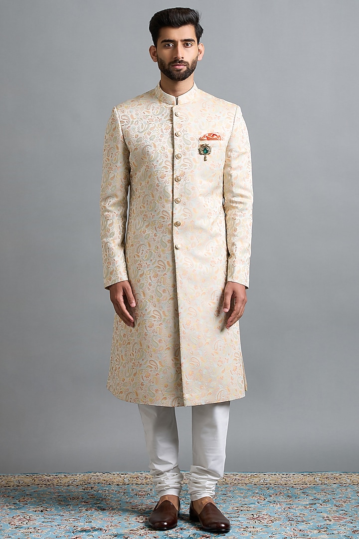 Ivory Jacquard Wedding Sherwani Set by Gargee Designers at Pernia's Pop Up Shop