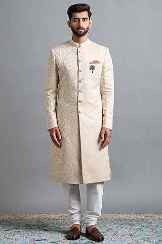 Ivory Jacquard Sherwani Set by Gargee Designers