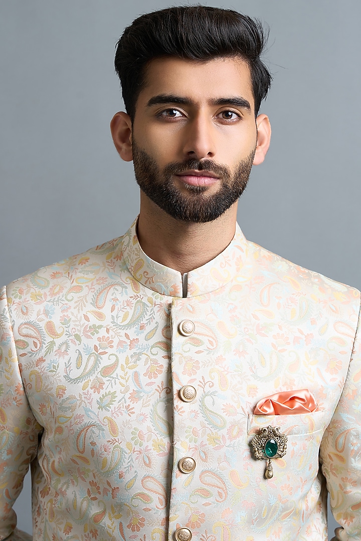 Ivory Jacquard Wedding Sherwani Set by Gargee Designers at Pernia's Pop Up Shop
