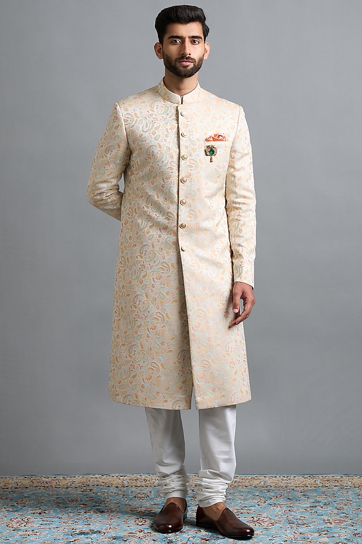 Ivory Jacquard Wedding Sherwani Set by Gargee Designers at Pernia's Pop Up Shop