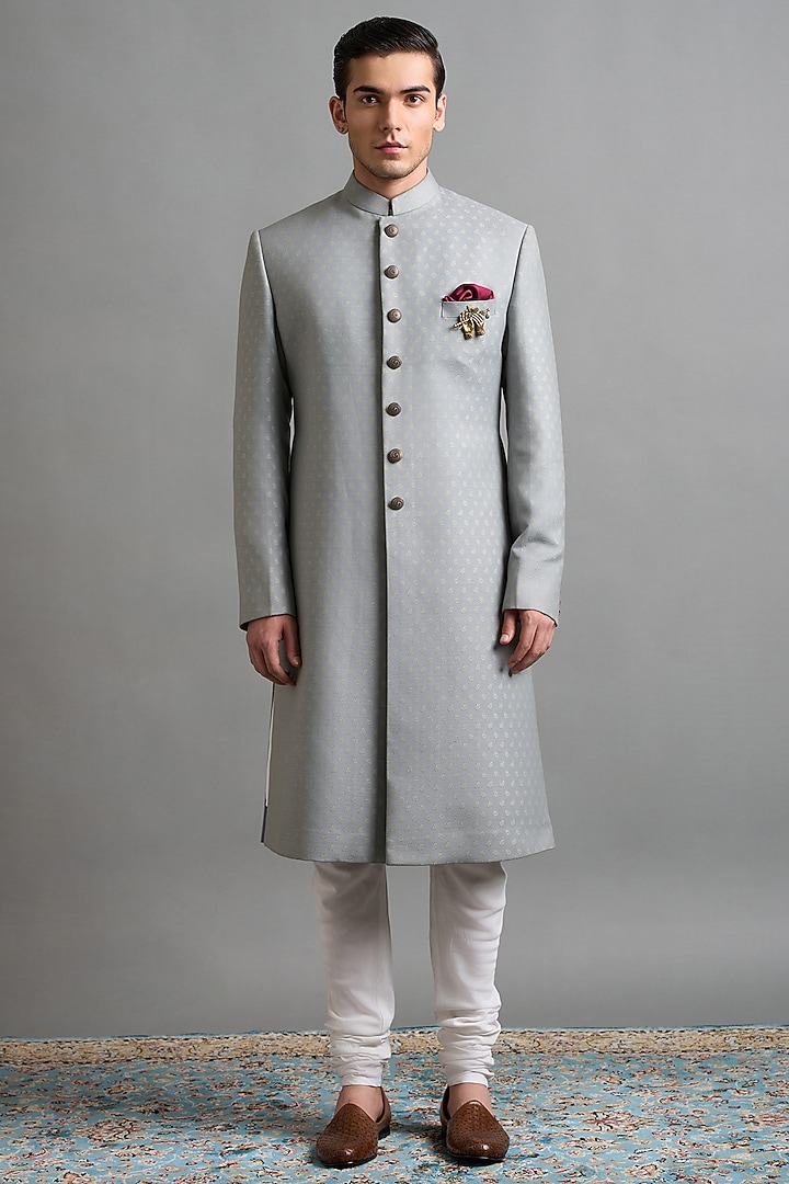Slate Grey Jacquard Wedding Sherwani Set by Gargee Designers at Pernia's Pop Up Shop