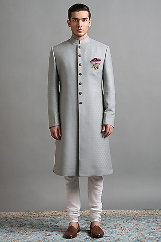 Slate Grey Jacquard Sherwani Set by Gargee Designers
