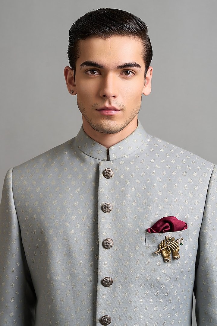 Slate Grey Jacquard Wedding Sherwani Set by Gargee Designers at Pernia's Pop Up Shop
