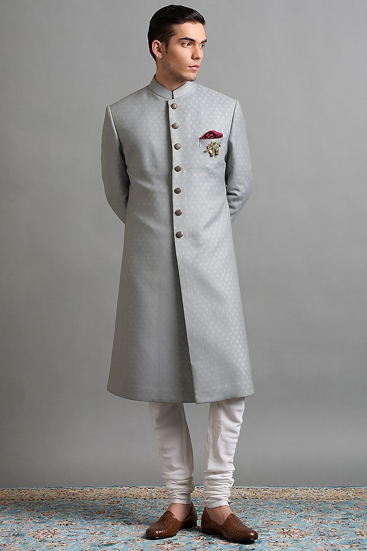 Slate Grey Jacquard Wedding Sherwani Set by Gargee Designers at Pernia's Pop Up Shop