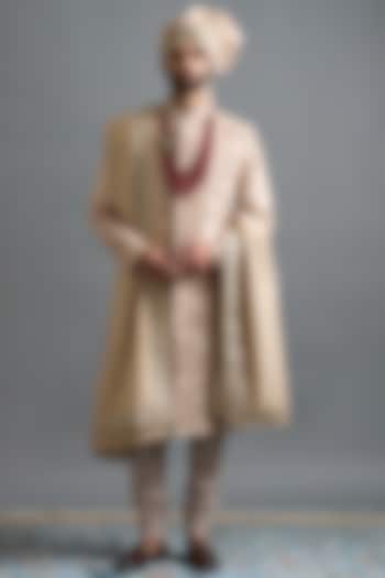 Rose Beige Raw Silk Moti Work Groom Sherwani Set by Gargee Designers at Pernia's Pop Up Shop