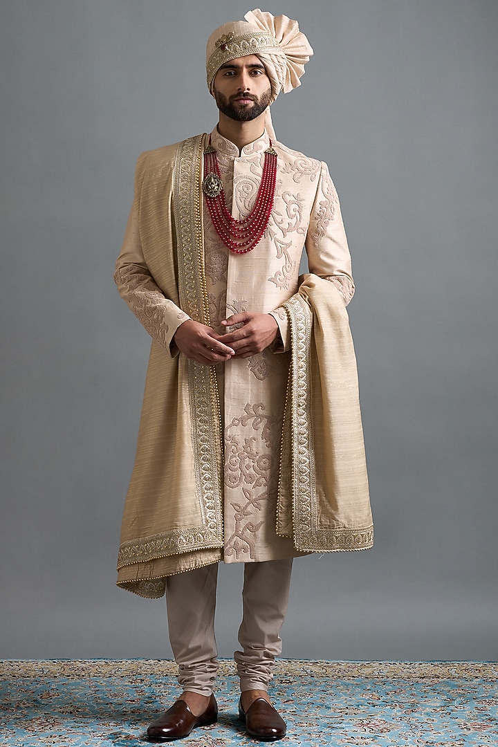 Rose Beige Raw Silk Moti Work Groom Sherwani Set by Gargee Designers at Pernia's Pop Up Shop