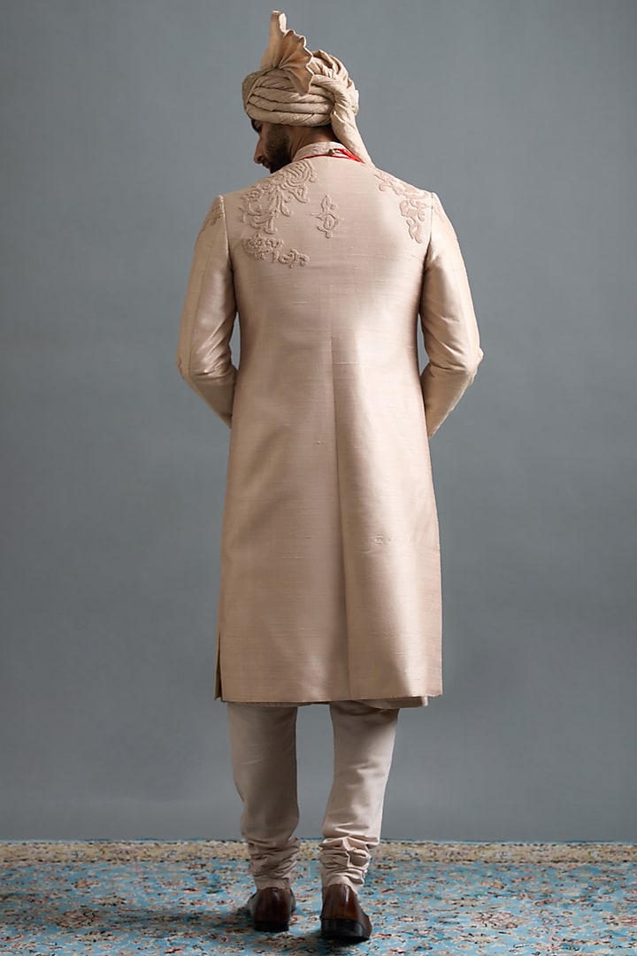 Rose Beige Raw Silk Moti Work Groom Sherwani Set by Gargee Designers at Pernia's Pop Up Shop
