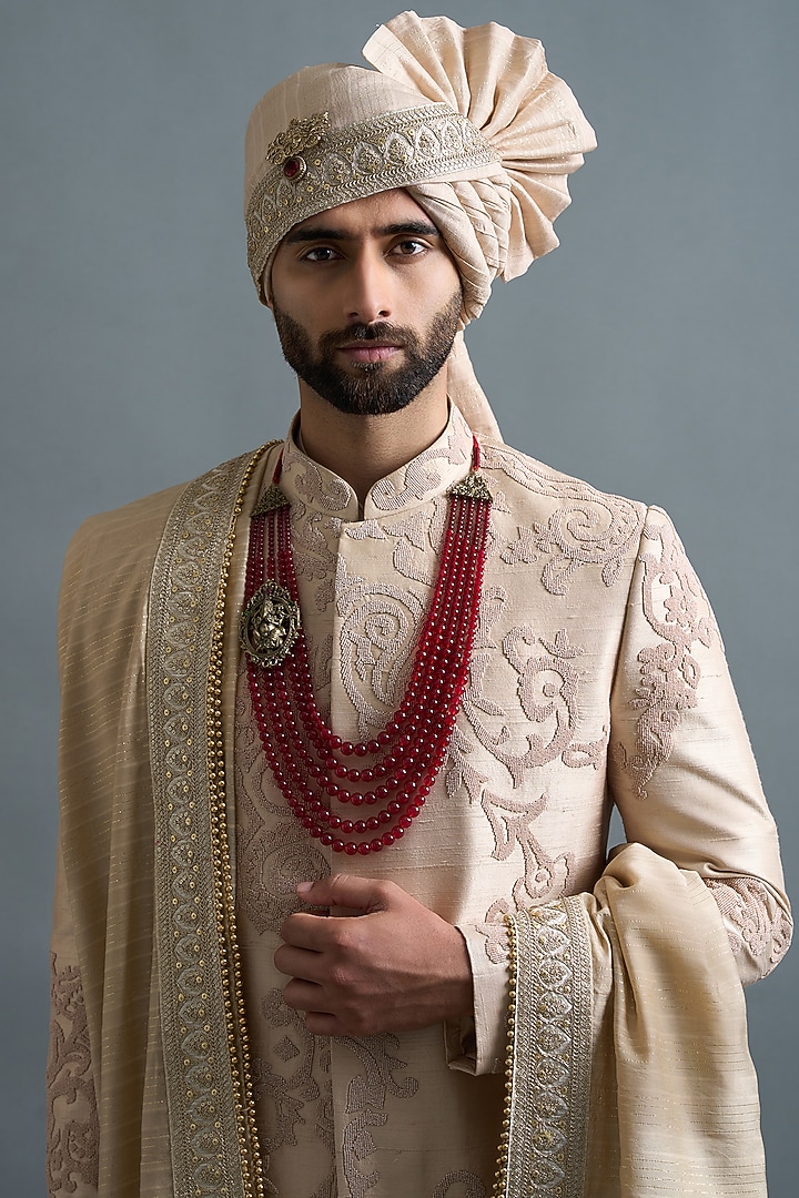 Rose Beige Raw Silk Moti Work Groom Sherwani Set by Gargee Designers at Pernia's Pop Up Shop