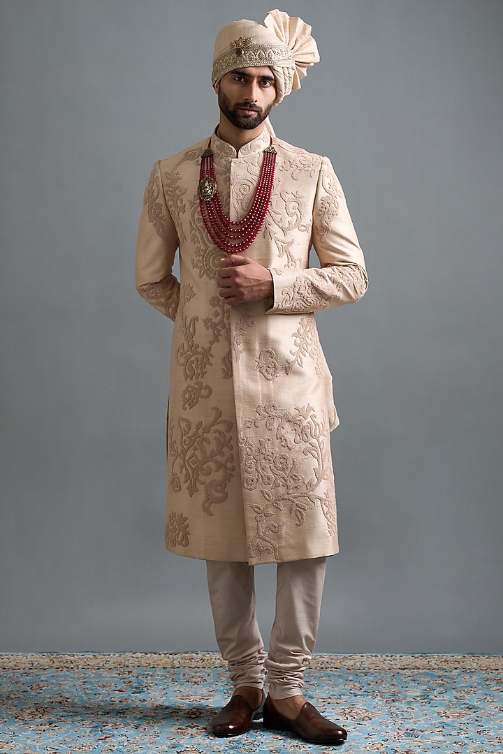 Rose Beige Raw Silk Moti Work Groom Sherwani Set by Gargee Designers at Pernia's Pop Up Shop