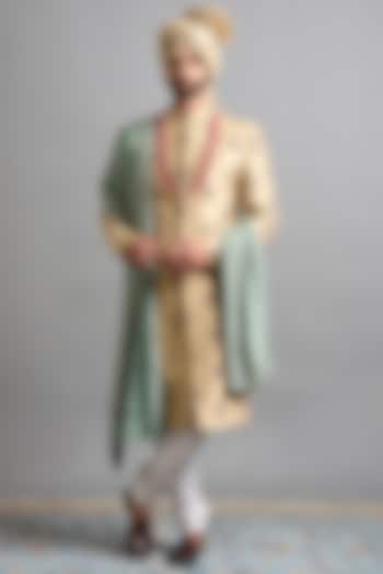 Gold-Beige Raw Silk Hand Embroidered Wedding Sherwani Set by Gargee Designers at Pernia's Pop Up Shop