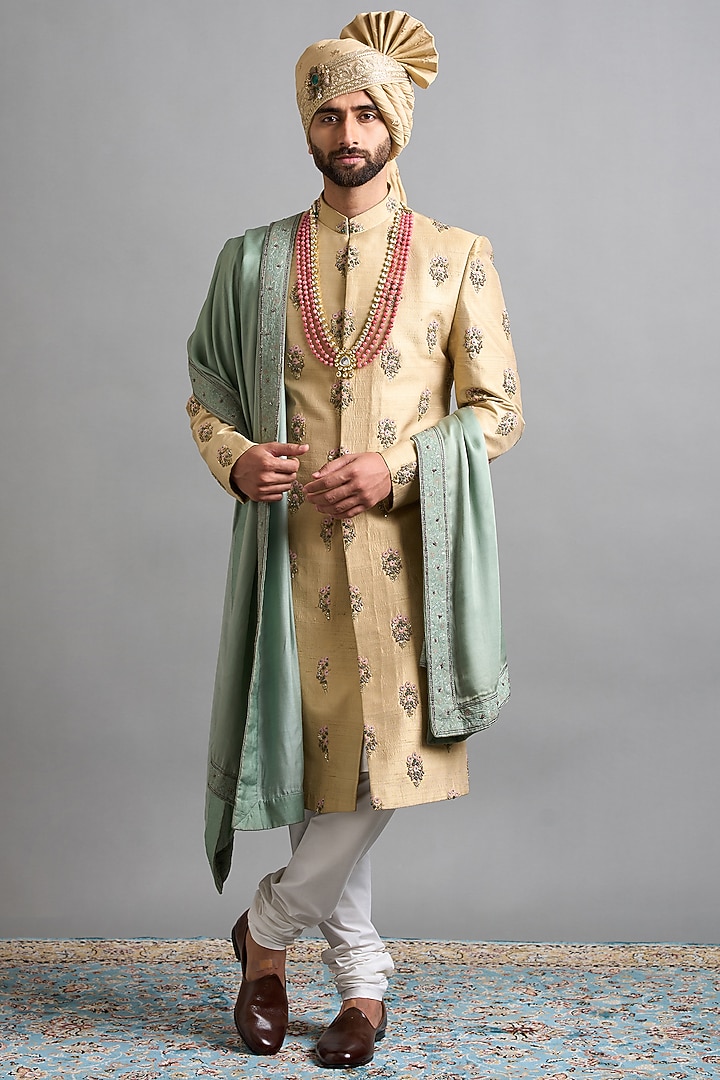 Gold-Beige Raw Silk Hand Embroidered Wedding Sherwani Set by Gargee Designers at Pernia's Pop Up Shop