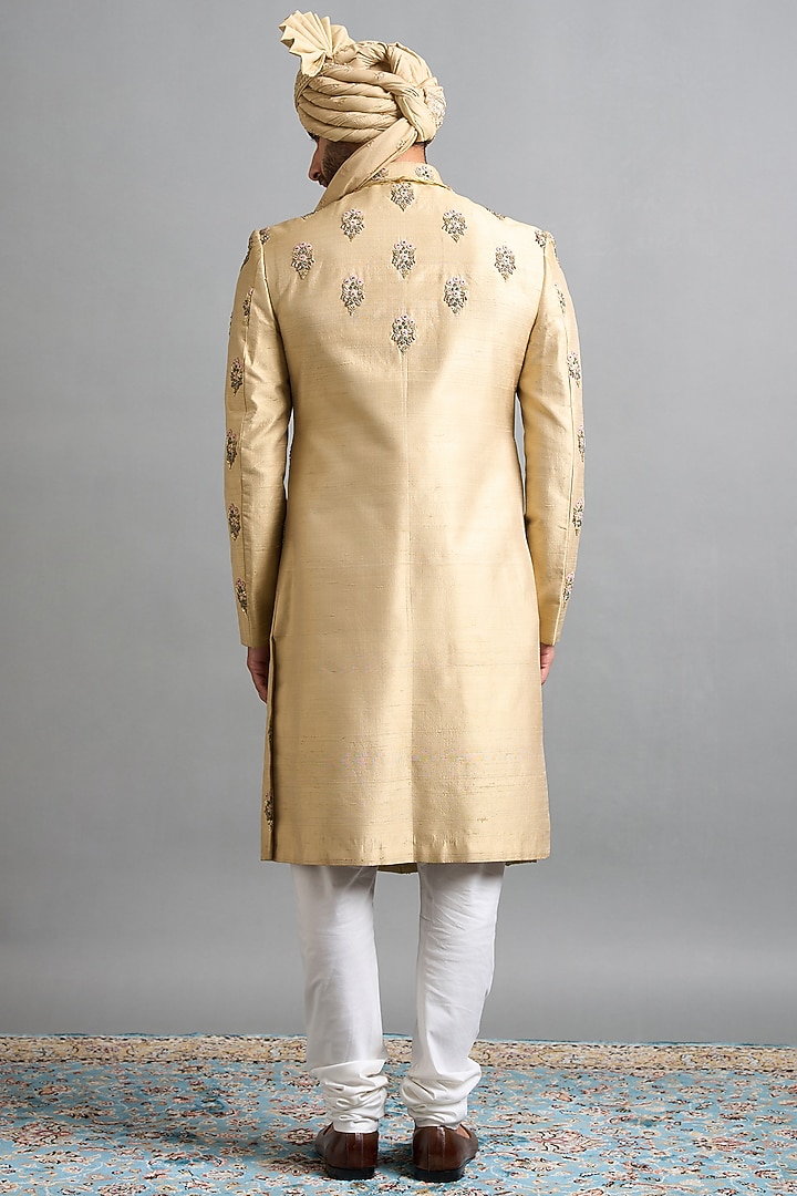 Gold-Beige Raw Silk Hand Embroidered Wedding Sherwani Set by Gargee Designers at Pernia's Pop Up Shop