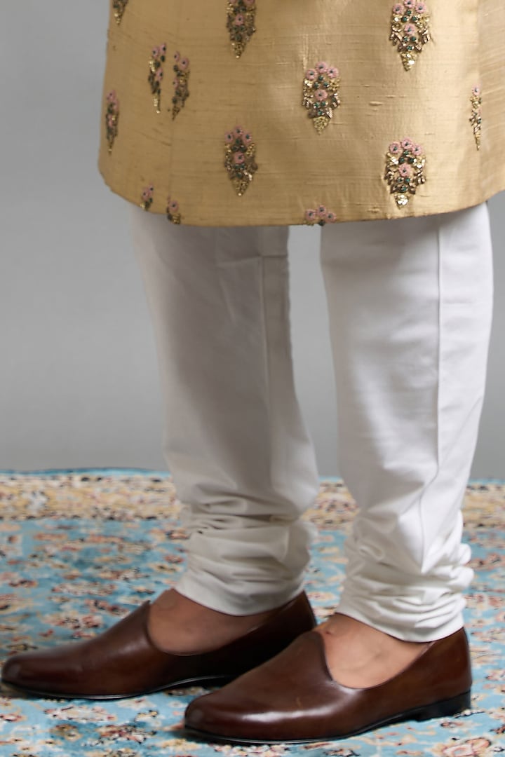 Gold-Beige Raw Silk Hand Embroidered Wedding Sherwani Set by Gargee Designers at Pernia's Pop Up Shop