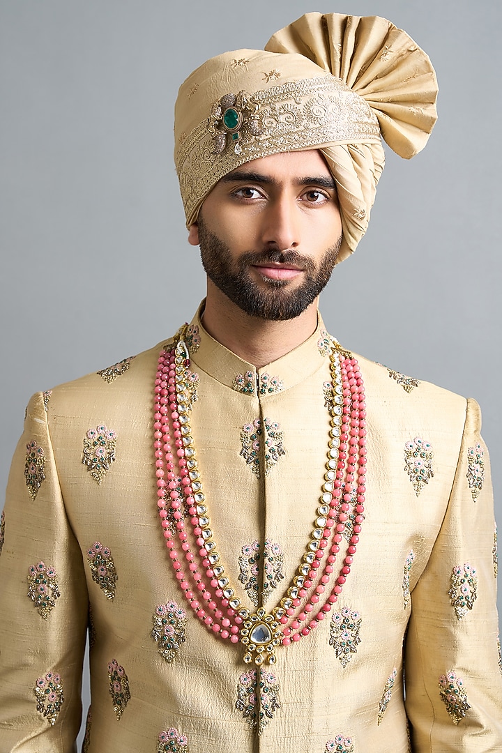 Gold-Beige Raw Silk Hand Embroidered Wedding Sherwani Set by Gargee Designers at Pernia's Pop Up Shop