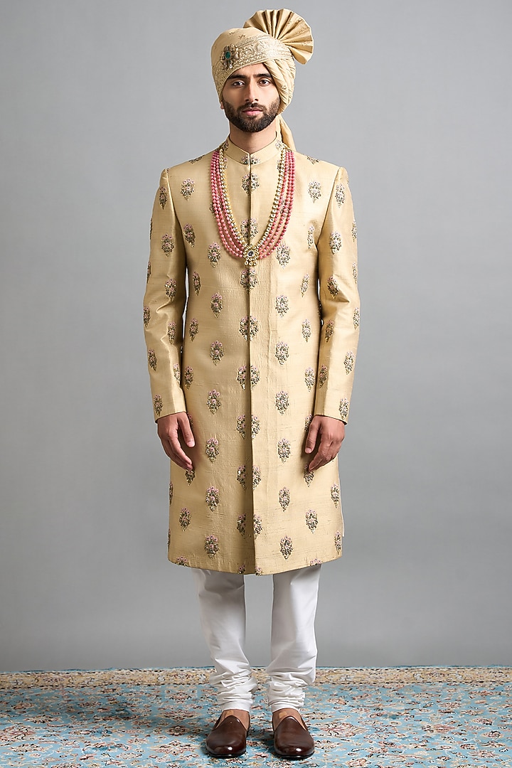Gold-Beige Raw Silk Hand Embroidered Wedding Sherwani Set by Gargee Designers at Pernia's Pop Up Shop