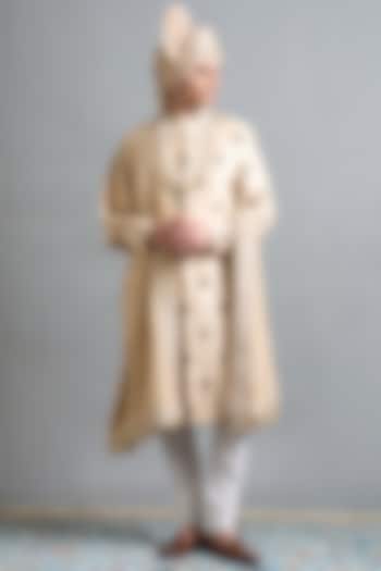 Light Peach Raw Silk Hand Embroidered Wedding Sherwani Set by Gargee Designers at Pernia's Pop Up Shop