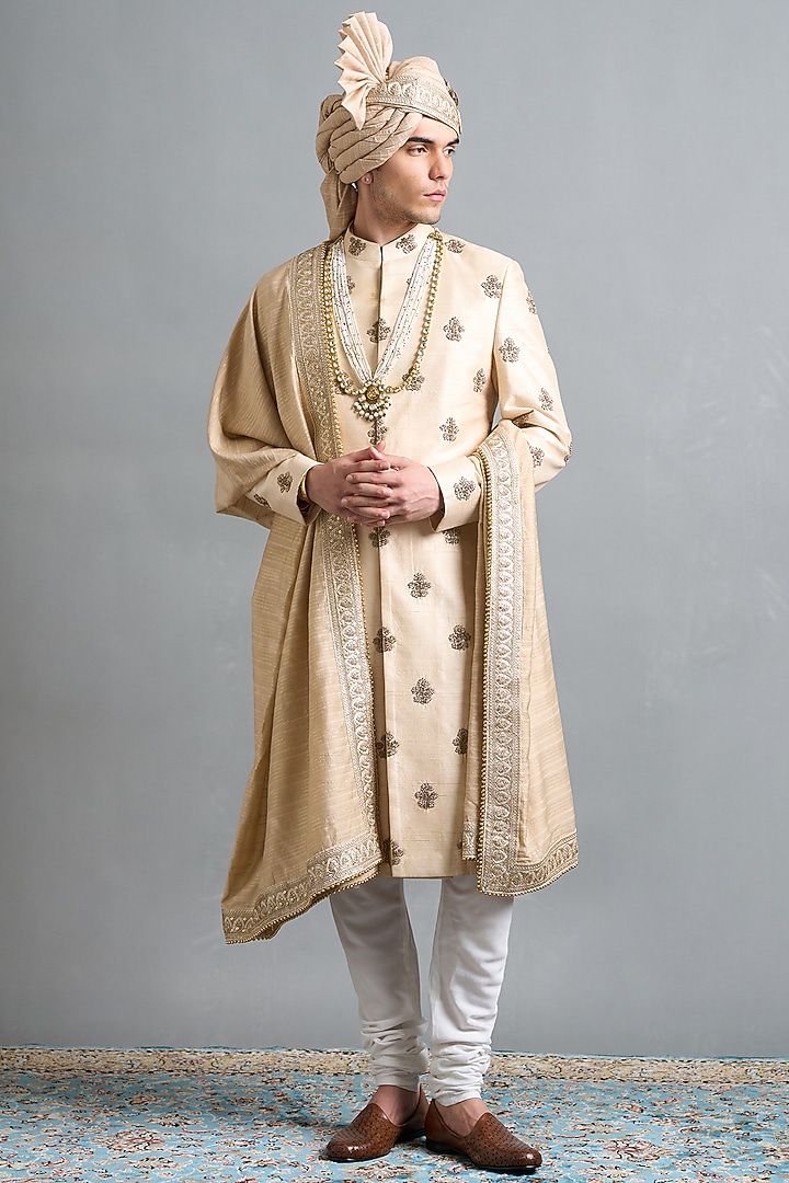 Light Peach Raw Silk Hand Embroidered Wedding Sherwani Set by Gargee Designers at Pernia's Pop Up Shop