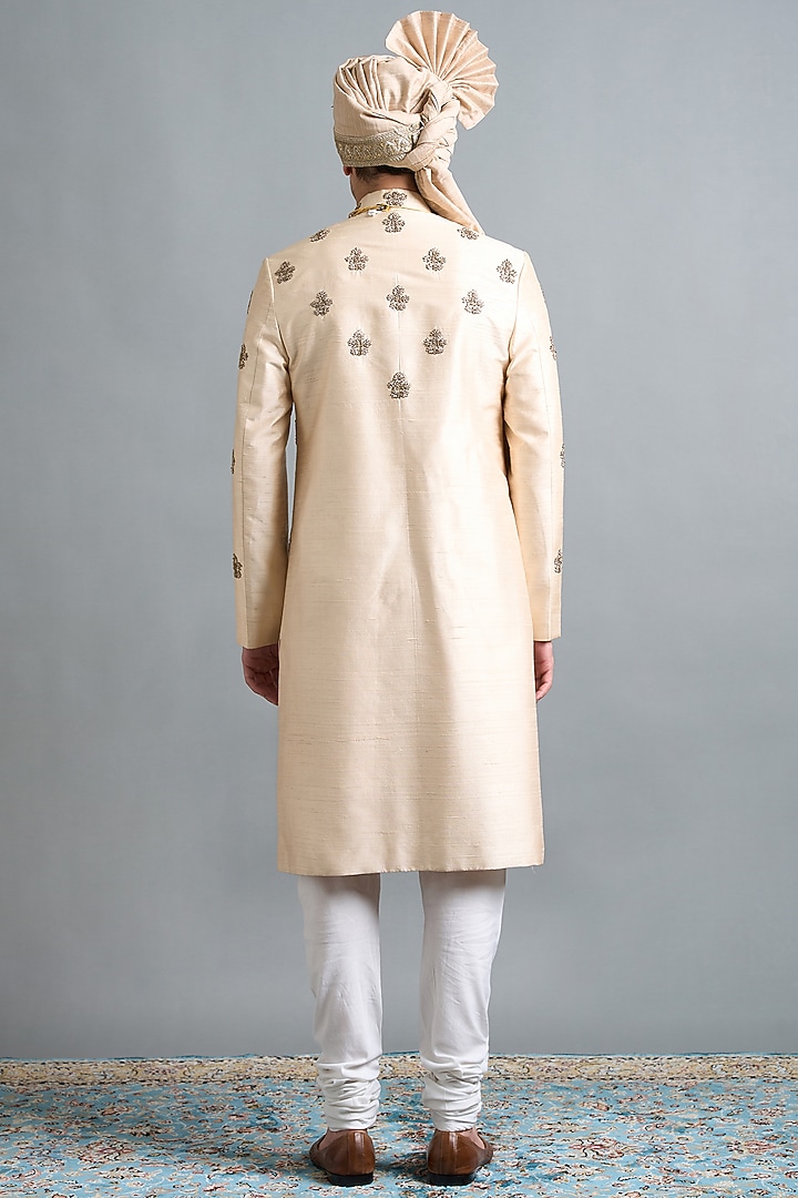 Light Peach Raw Silk Hand Embroidered Wedding Sherwani Set by Gargee Designers at Pernia's Pop Up Shop