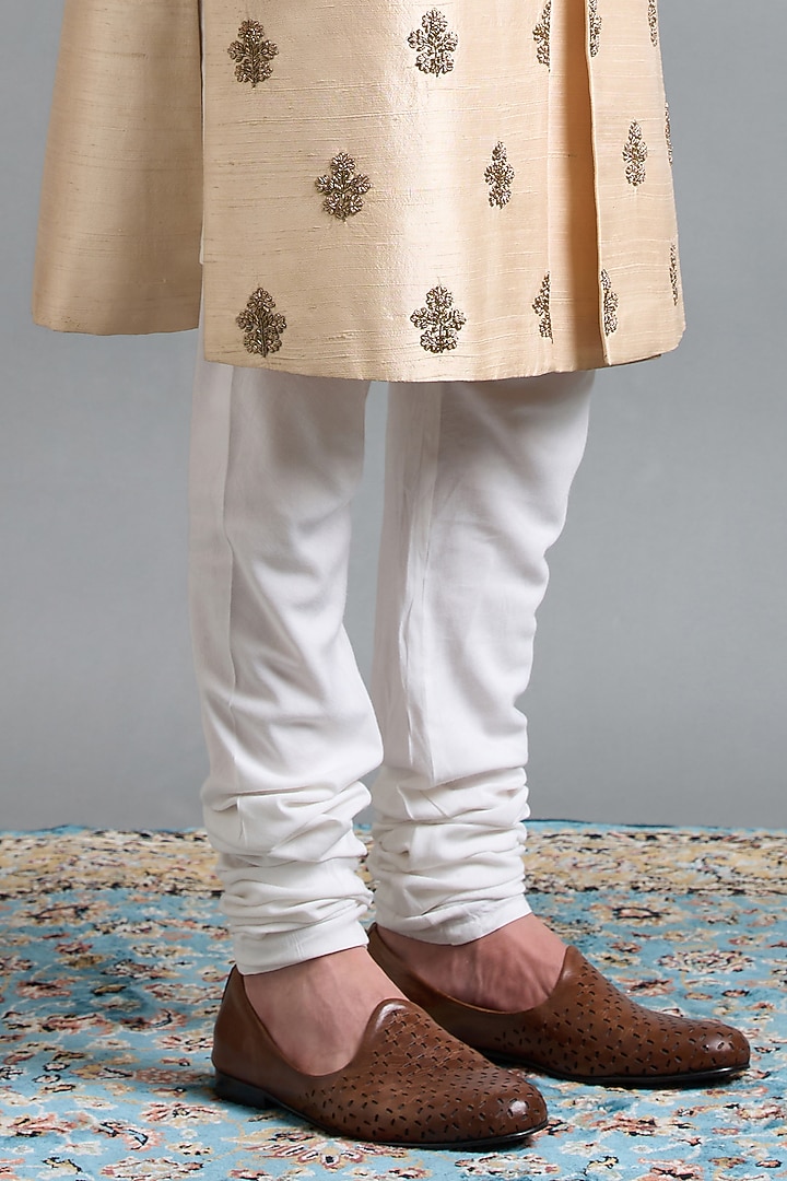 Light Peach Raw Silk Hand Embroidered Wedding Sherwani Set by Gargee Designers at Pernia's Pop Up Shop