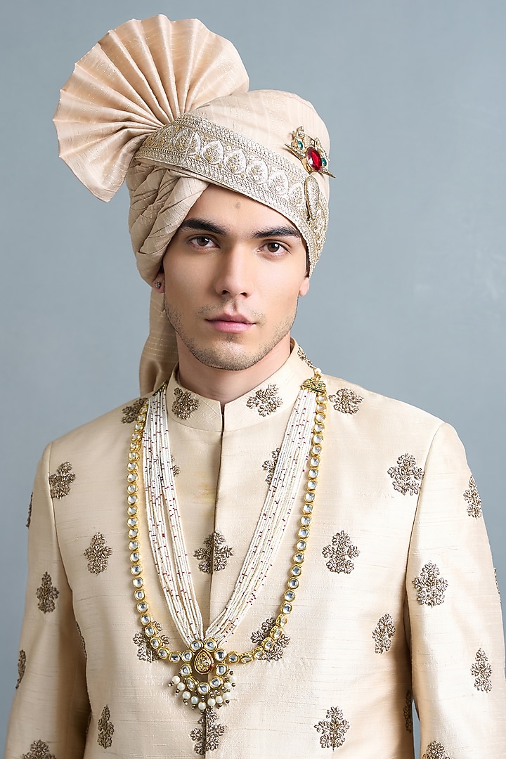 Light Peach Raw Silk Hand Embroidered Wedding Sherwani Set by Gargee Designers at Pernia's Pop Up Shop