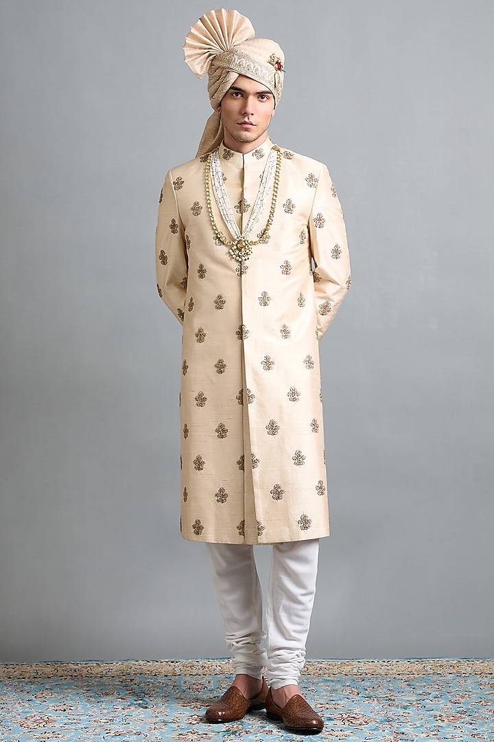 Light Peach Raw Silk Hand Embroidered Wedding Sherwani Set by Gargee Designers at Pernia's Pop Up Shop