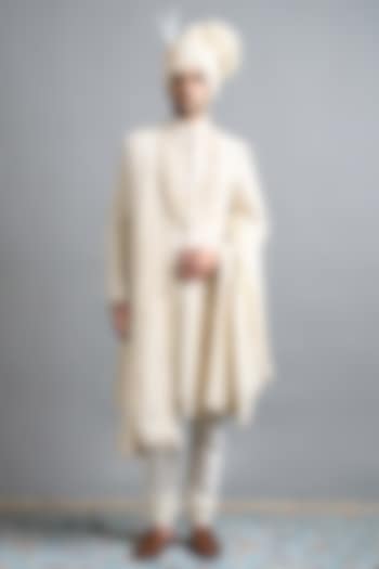 Ivory Raw Silk Hand Embroidered Groom Sherwani Set by Gargee Designers at Pernia's Pop Up Shop