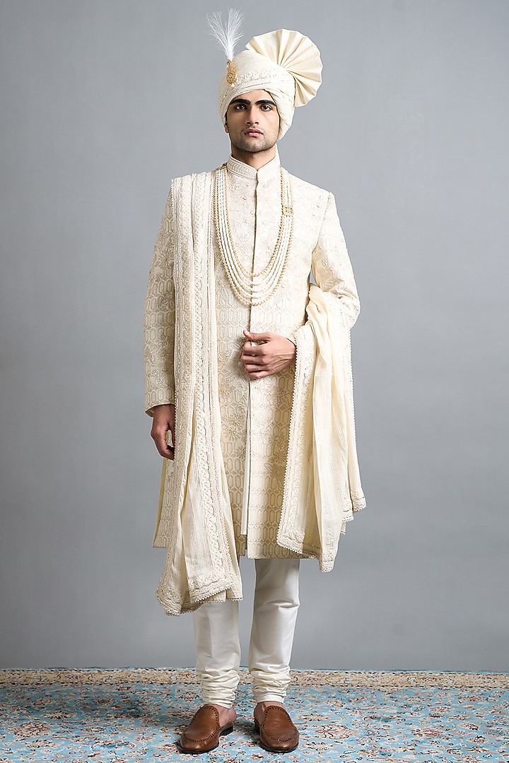 Ivory Raw Silk Hand Embroidered Groom Sherwani Set by Gargee Designers at Pernia's Pop Up Shop
