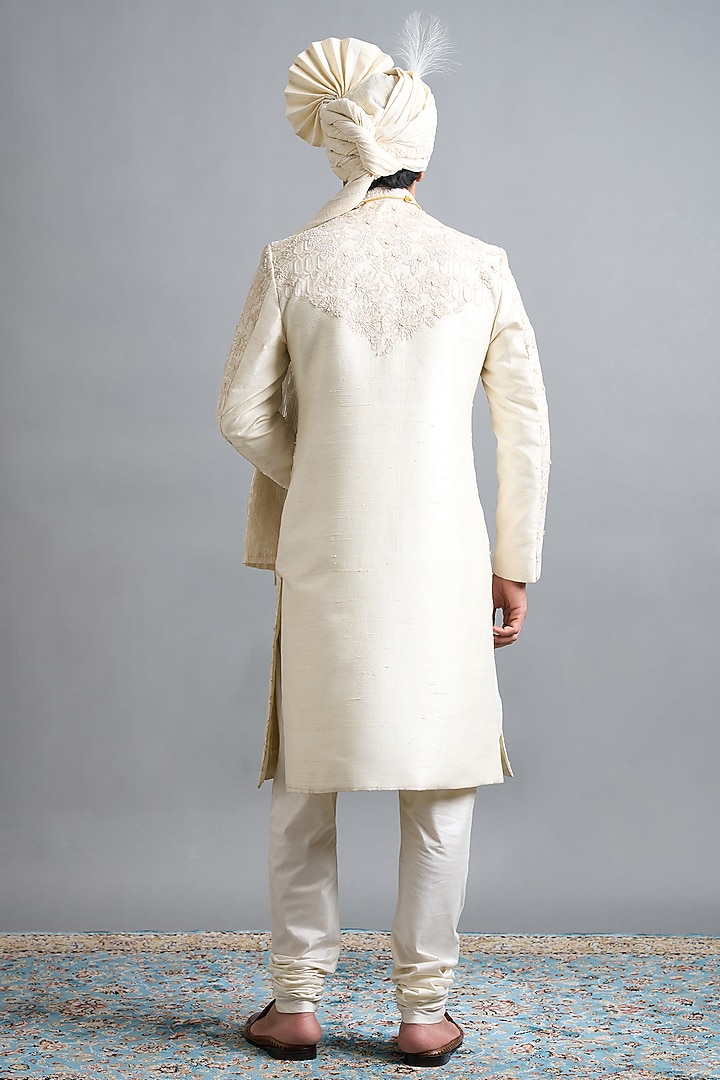Ivory Raw Silk Hand Embroidered Groom Sherwani Set by Gargee Designers at Pernia's Pop Up Shop