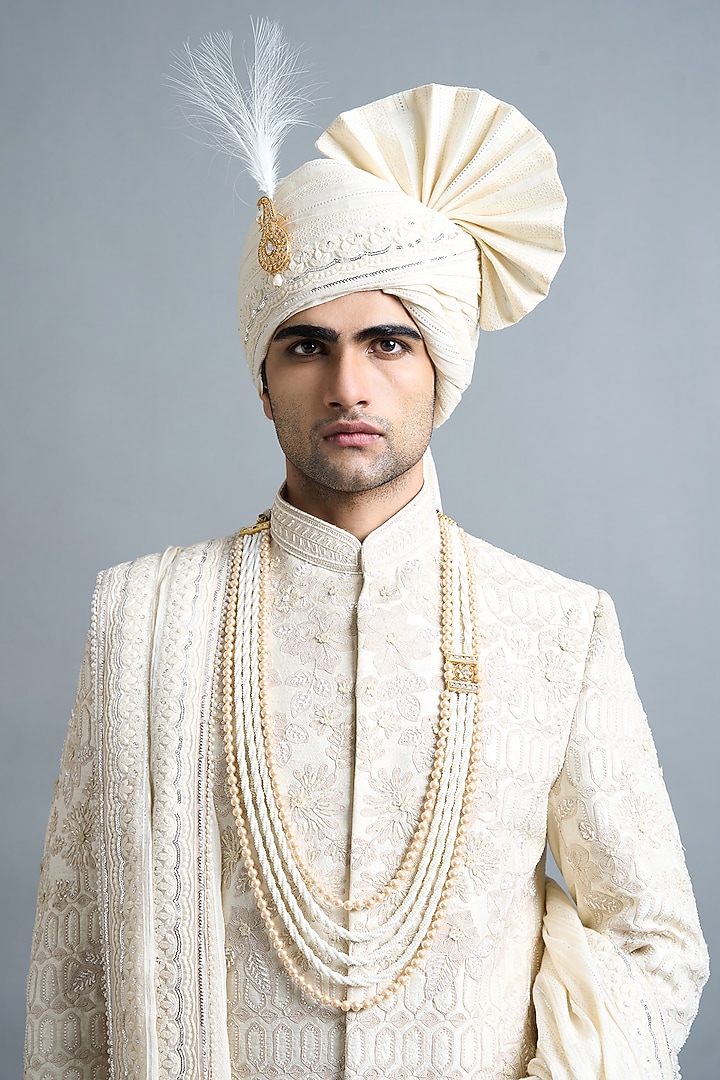 Ivory Raw Silk Hand Embroidered Groom Sherwani Set by Gargee Designers at Pernia's Pop Up Shop