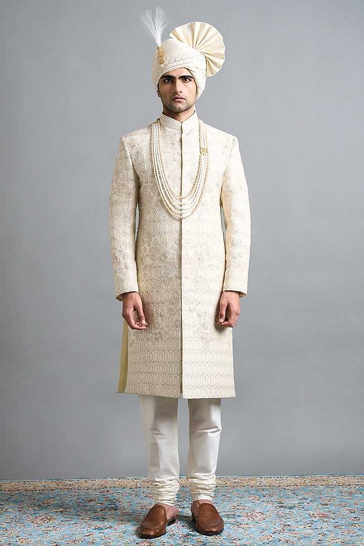 Ivory Raw Silk Hand Embroidered Groom Sherwani Set by Gargee Designers at Pernia's Pop Up Shop