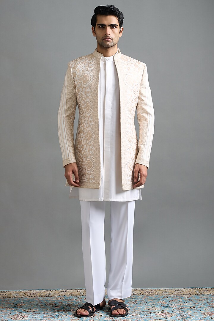 Ivory Japanese Fabric Machine Embroidered Wedding Indowestern Set by Gargee Designers at Pernia's Pop Up Shop