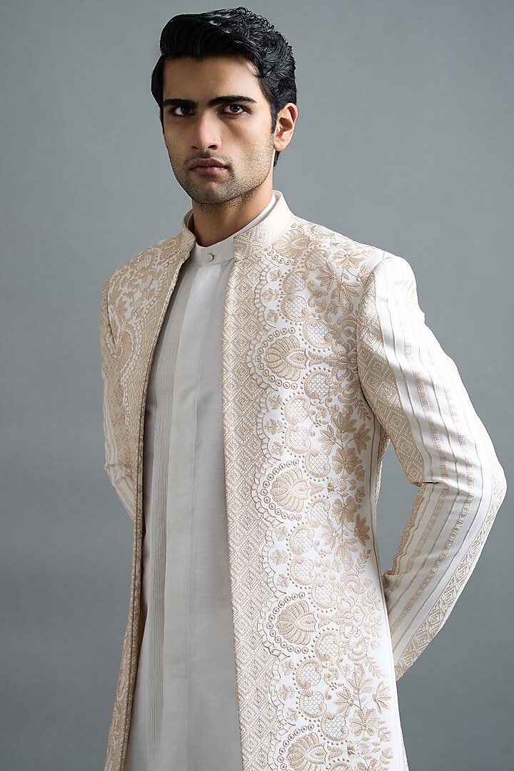 Ivory Japanese Fabric Machine Embroidered Wedding Indowestern Set by Gargee Designers at Pernia's Pop Up Shop