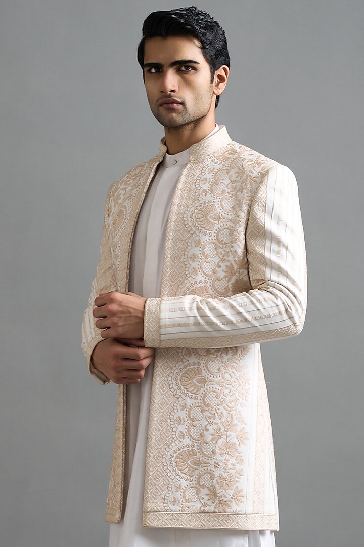 Ivory Japanese Fabric Machine Embroidered Wedding Indowestern Set by Gargee Designers at Pernia's Pop Up Shop