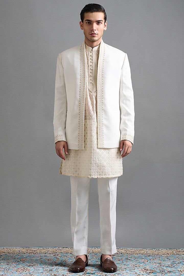 Ivory Japanese Fabric Hand & Machine Embroidered Wedding Indowestern Set by Gargee Designers at Pernia's Pop Up Shop