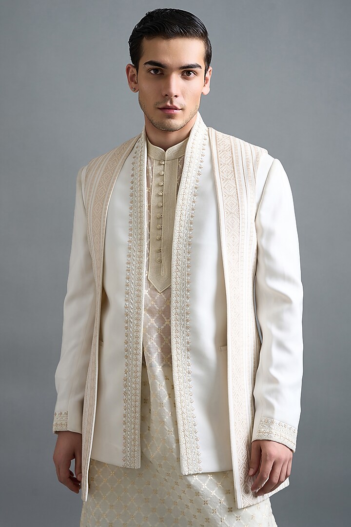 Ivory Japanese Fabric Hand & Machine Embroidered Wedding Indowestern Set by Gargee Designers at Pernia's Pop Up Shop